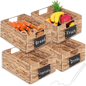 Rectangular Seagrass Baskets Hanging Storage Baskets Kitchen Storage Organizers,Foldable Water Hyacinth Basket,Woven Pantry Bin with Labels&White Chalk Markers,Set of 4 count,10.8x9x4.9inch