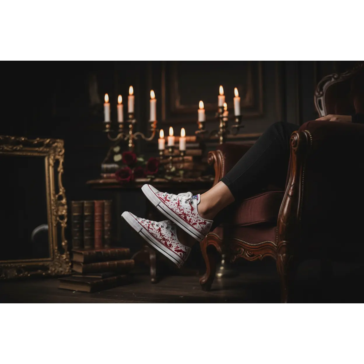 Blood Splatter Cosplay Sneakers - Gothic Low Top Shoes for Women, Party, Synthetic, Breathable, Lace-Up, Casual, Round Toe, Metal Eyelets, Splatter Print, Bold And Edgy, Lightweight, Flexible, Laces