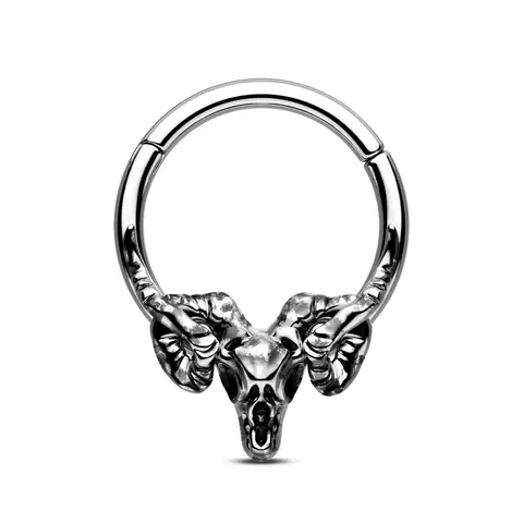 Oufer 16G Goat Skull Hinged Latch Septum Ring - Edgy Gothic Animal Design Hinge Nose Ring Piercing Jewelry for Standard Septum Piercings, Unisex Adult Body Jewelry