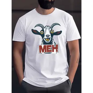 Men's "Meh" Cartoon Goat Pattern T-Shirt - Casual Polyester Crew Neck Short Sleeve, Machine Washable - Suitable for all seasons, casual style, classic design, suitable for year-round wear