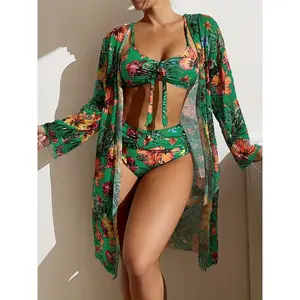 2026 New Long-Sleeve Swimsuit Cover-Up, Three-Piece Set, Printed Sexy Swimwear for Women, New Bikini Style single strap bikini