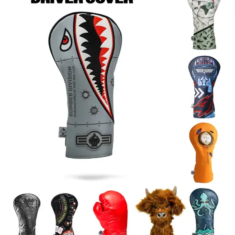 Pins and Aces Golf Driver Covers - Styles: Blackout King, Blackjack, Bomber, Boxing Glove, Highland Cow, Kraken, Kenny, TopGun, Transfusion, Trump, Trout, USA, Western - Fits Nike, Callaway, Titleist, TaylorMade, Mizuno, Cobra 460cc Max Drivers, Golf Acce