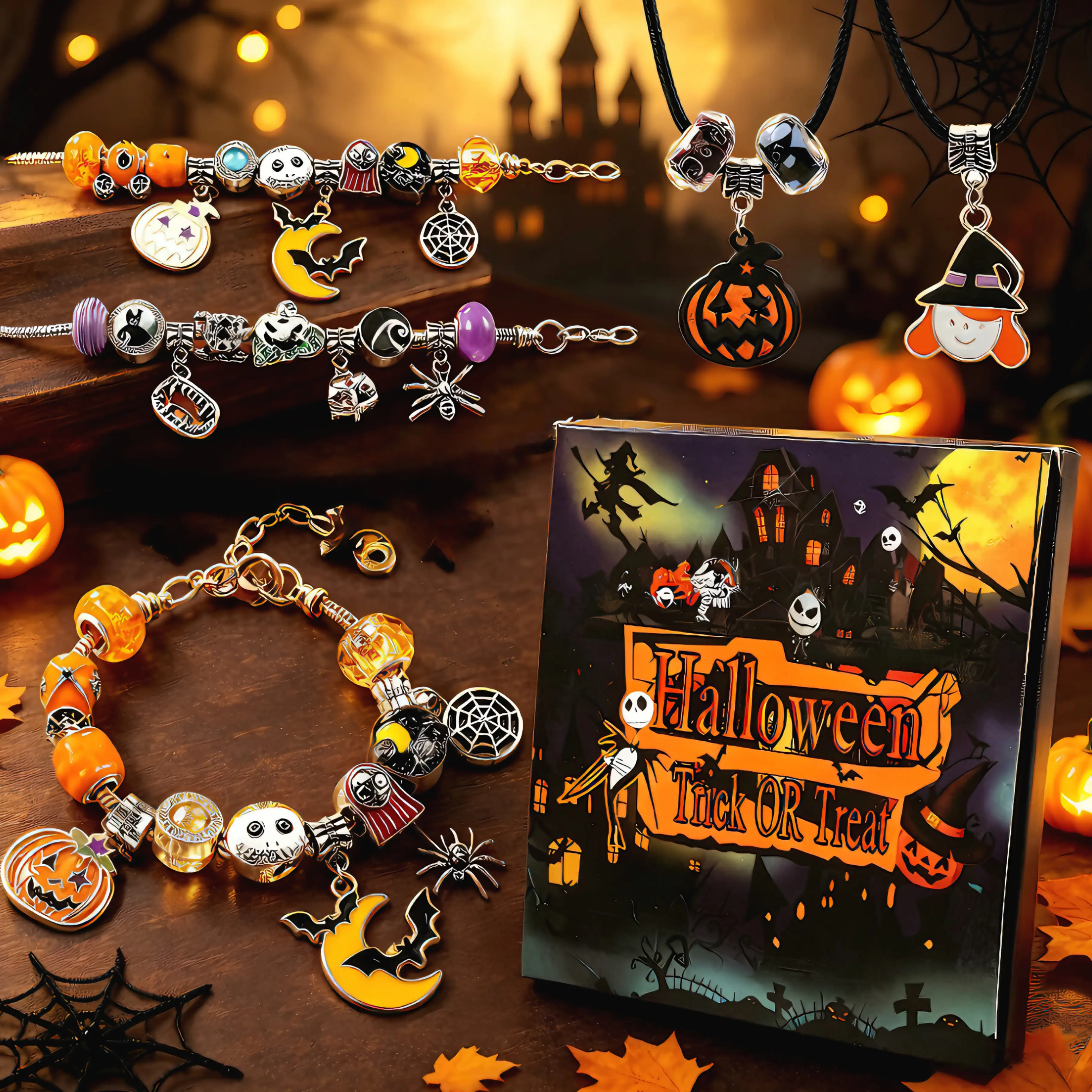 Halloween Jewelry Making Kit, DIY Charm Bracelet Necklace Craft Set With Pumpkin Ghost Beads, Holiday Party Gift Box