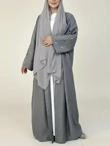 Arabic Clothing- Women's Moon Embroidery Abaya without Hijabs, Summer Outfits , Modest Casual Long Sleeve Open Front Muslim Islamic Modesty, Conservative, Versatile, Comfort, Wear, Style, Outfit, Essential