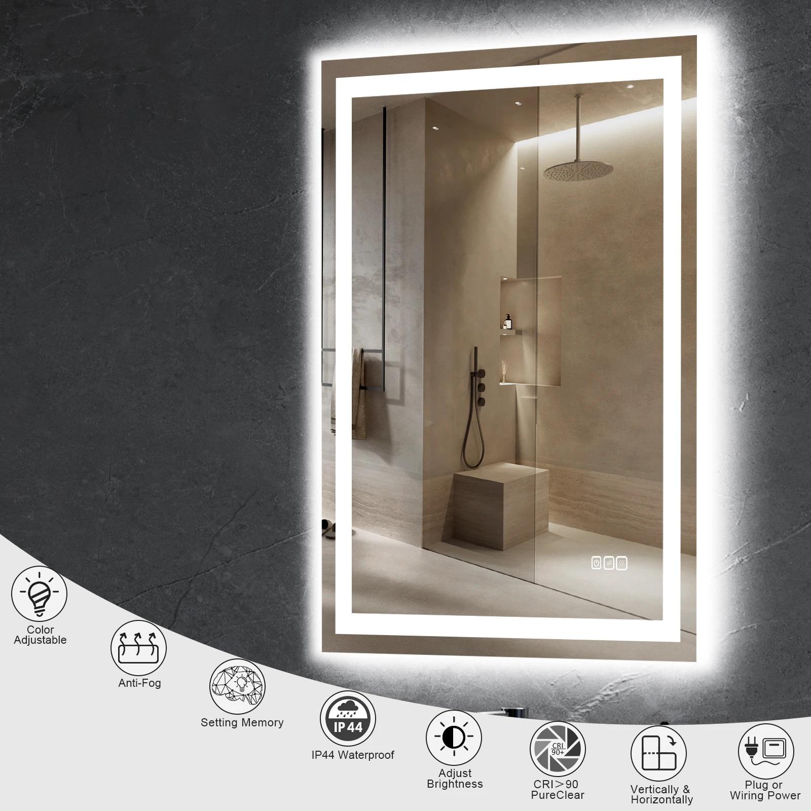 US Local Stock 28W 36H Inch Tempered Frameless Touch Adjustable Anti Fog Led Light Smart Bathroom Mirror With Led Light