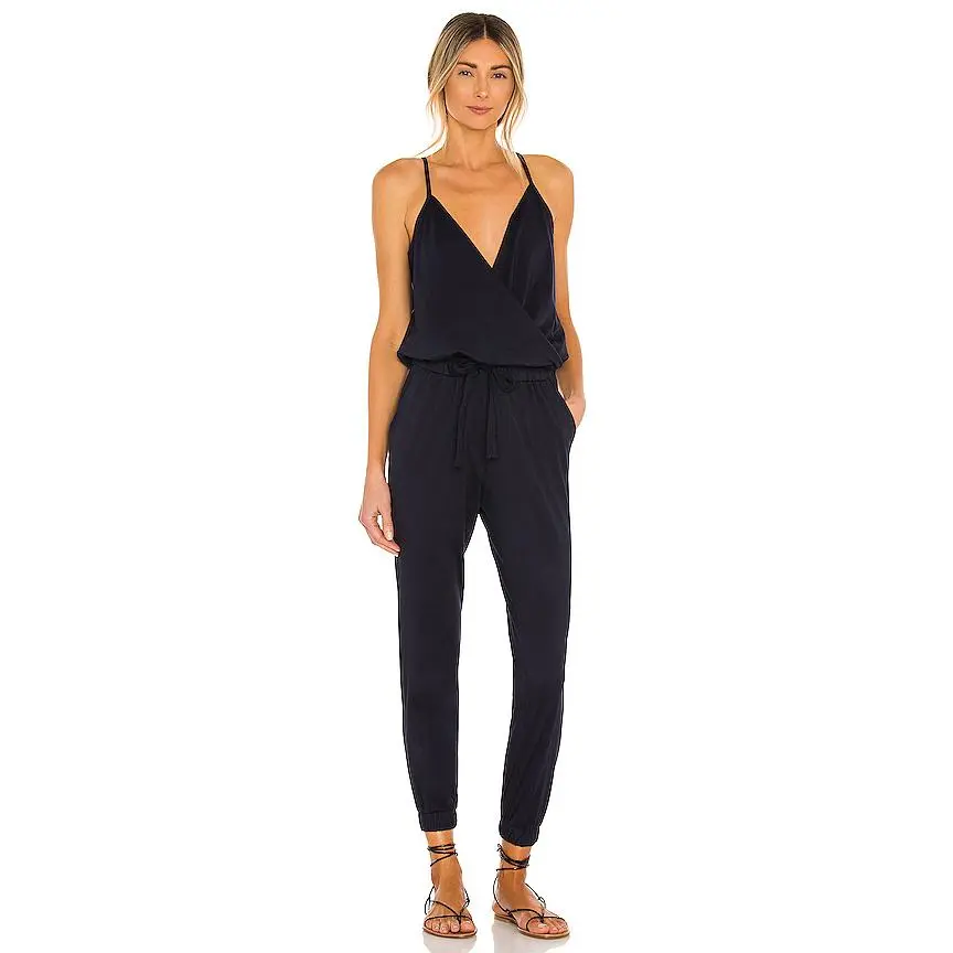 Bobi Supreme Jersey Tied Waist V Neck Jumpsuit in Passport
