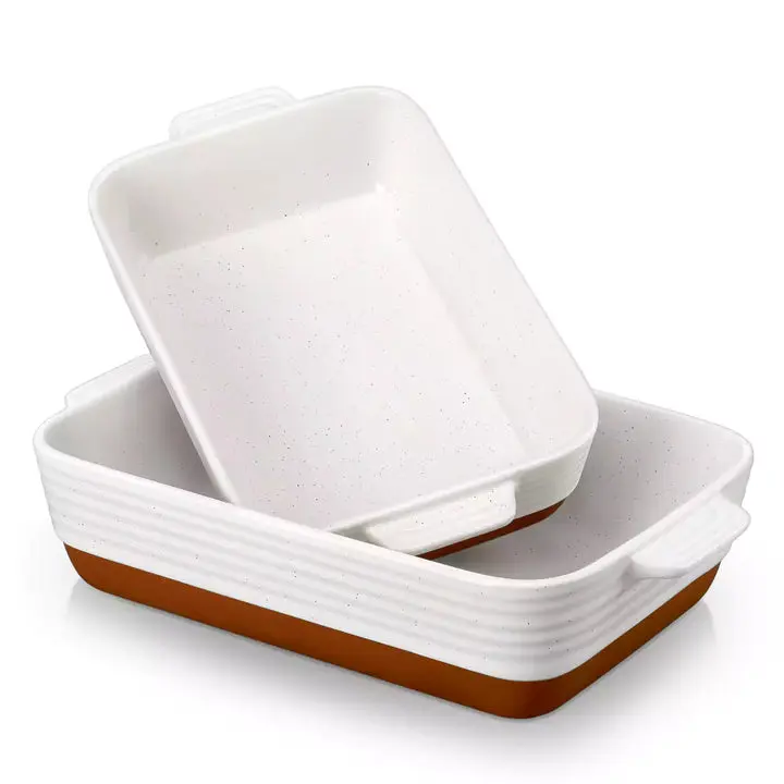 MALACASA TARA Stoneware Baking Dish Set of 2/4, 2.8QT & 4QT Casserole Dishes with Speckled Ivory Finish and Natural Clay Base, Oven Safe Bakeware for Casseroles, Roasted Vegetables & Family Meals