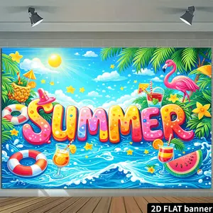 2D Polyester Summer Beach Party Backdrop & Banner Set - 3D "SUMMER" Letter Centerpiece, Pink Hat-adorned "S" Letter, Red-and-white Striped Lifebuoys, Orange Juice Decor for Birthday Celebrations