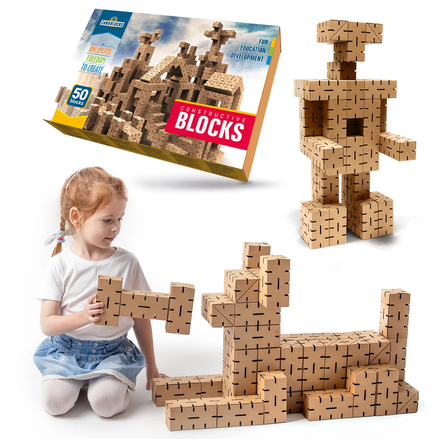 CARDBLOCKS - Constructive 50 Blocks - Unlimited Freedom to Create - Expand Imagination, Boost Creativity - Educational Crafts w/ Eco-Friendly Cardboard Building Blocks - Construction Set for Kids