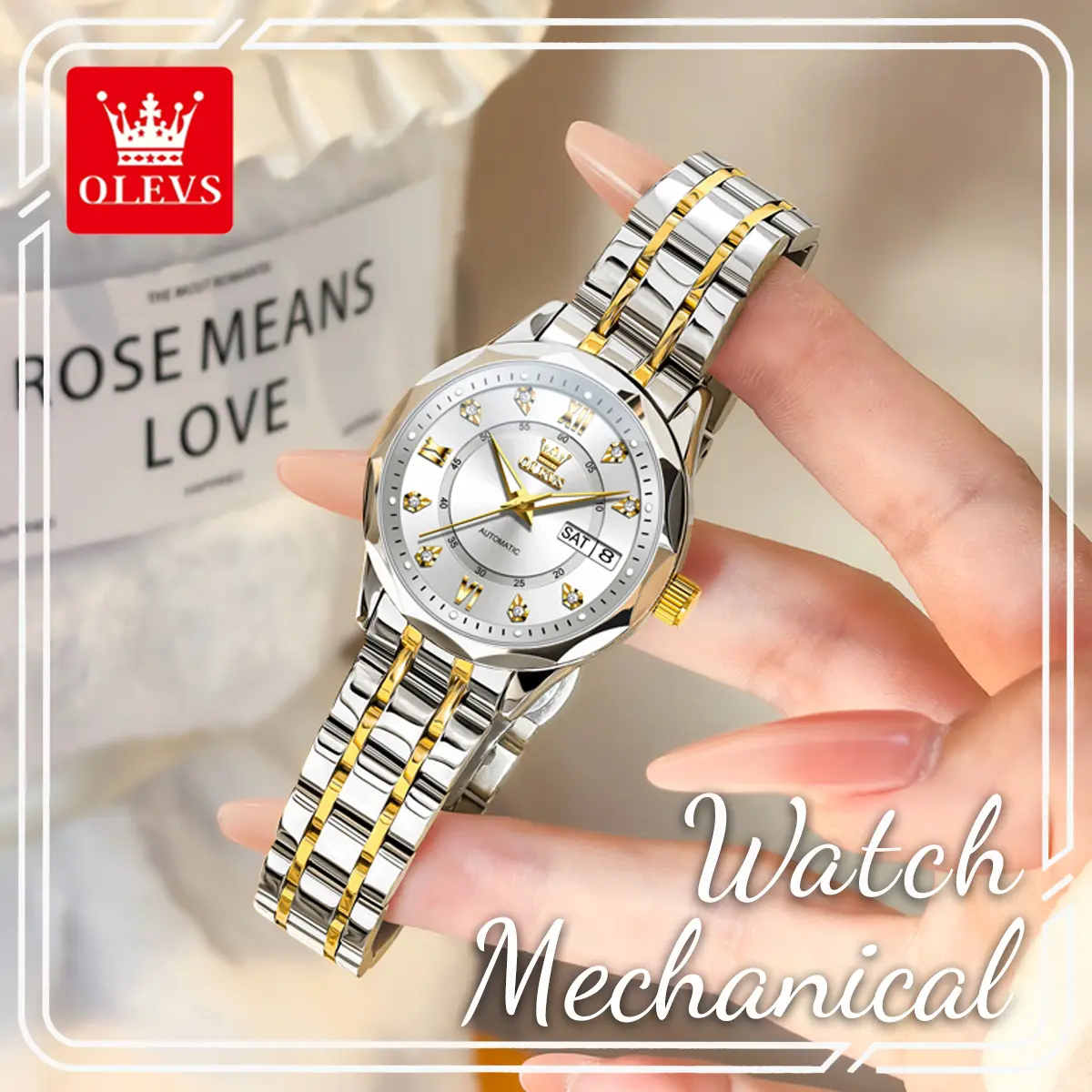 OLEVS 6727 Ladies Automatic Mechanical Watch, Two-Tone Steel Strap, Day-Date Window, Luminous Hands, 3ATM Daily Splash Resistant, Elegant Gift Watch For Women