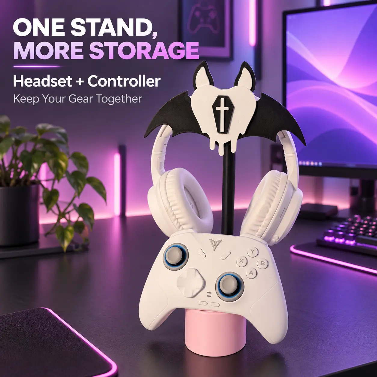 Pastel Goth 2-in-1 Dual Holder - Bat Wing Dripping Cross Heart Headphone & Game Controller Stand, Cute Pink Base, 3D Printed Alt Aesthetic Gaming Desk Decor, E-girl Gamer Gift, Accessories for Women