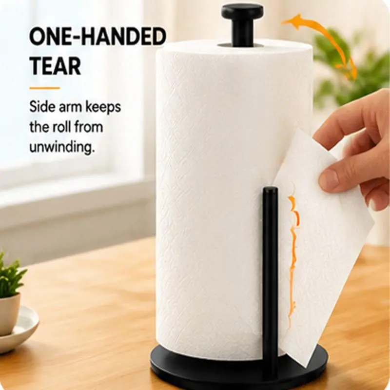 Paper Towel Holder with Weighted Base, Freestanding Countertop Roll Stand, Space-Saving Kitchen & Bathroom Organizer, Black Bathroom Accessories Organizer
