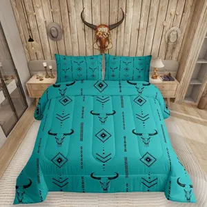 Feelyou Turquoise Western Comforter Set - Digital Printed Breathable Microfiber Bedding, Multi-Size Southwestern Aztec Cow Skull Print with Geometric Abstract Arrow Quilt, Boho Native Look for Adults (Comforter Queen Size Option)