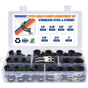 72PCS Cable Clamps Assortment Kit, 7 Sizes (1/4" to 1") Stainless Steel Rubber-Coated Cushioned Clamps, Insulated Pipe & Wire Holder for Automotive, Fuel Line, Hose, Tube