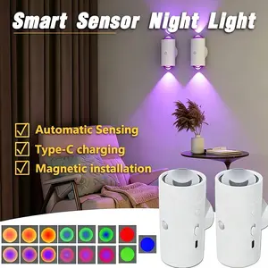 Rechargeable Magnetic LED Motion Sensor Wall Night Light, Type-C Charging 8 RGB Dimmable Ambient Lamp, Adjustable Angle Stick-On Design, Auto On/Off for Entryway, Bedroom, Closet, Kitchen & Holiday Home Decor