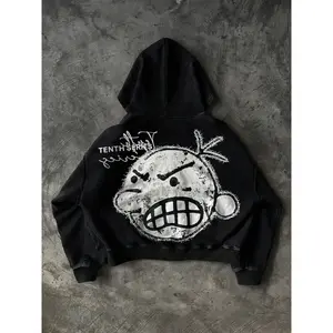 Religious-inspired cotton men's American hardcore Graphic graffiti-style printed washed hooded sweatshirt, fashionable and trendy casual men's top, men's long-sleeved fleece-lined autumn and winter hoodie, Menswear