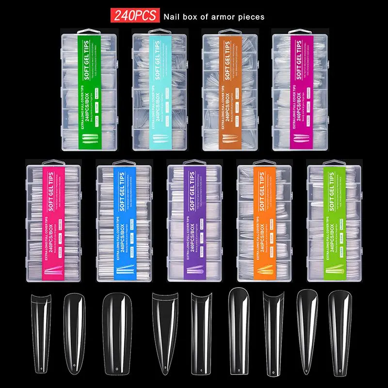240pcs C Curve False Nail Tips XXL Extra Long Square Fake Acrylic Nails French Full Cover Transparent Soft Gel Tips Salon Tools