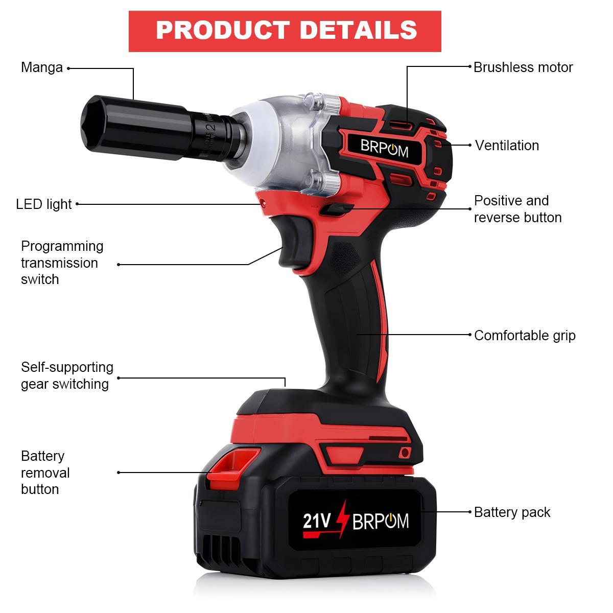 BRPOM Cordless impact wrench 1/2-inch High Torque 900N.m High Torque Electric  Gun Electric  Driver Compact  Rapid Charger & Tool Kit 2 Batteries Household, Automotive & Men's Gifts electricians tools