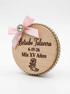 12 set of Personalized Quinceañera Bottle Opener Magnet - Mis XV Años Wooden Favor with Rhinestones & Pink Ribbon