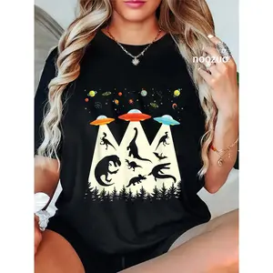 100% Cotton Funny Dinosaur UFO Lover Retro Vintage Alien Abduction T-Shirt
