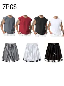 7-Piece Men's Summer Sports Set Sleeveless Vest T-Shirt & Mesh Breathable Shorts for Basketball Running Hiking & Sports Activewear Tracksuits