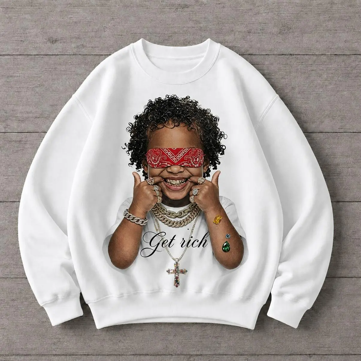 Get Rich Kid Graphic Sweatshirt, Hip Hop Streetwear Crewneck, Urban Fashion Pullover, Unisex Graphic Sweatshirt