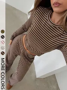 Women's Casual Fit Loungewear Set, Striped Crew Neck Long Sleeve T-Shirt & Loose Straight Leg Pants, Perfect for Daily Wear & Sports, Womenswear