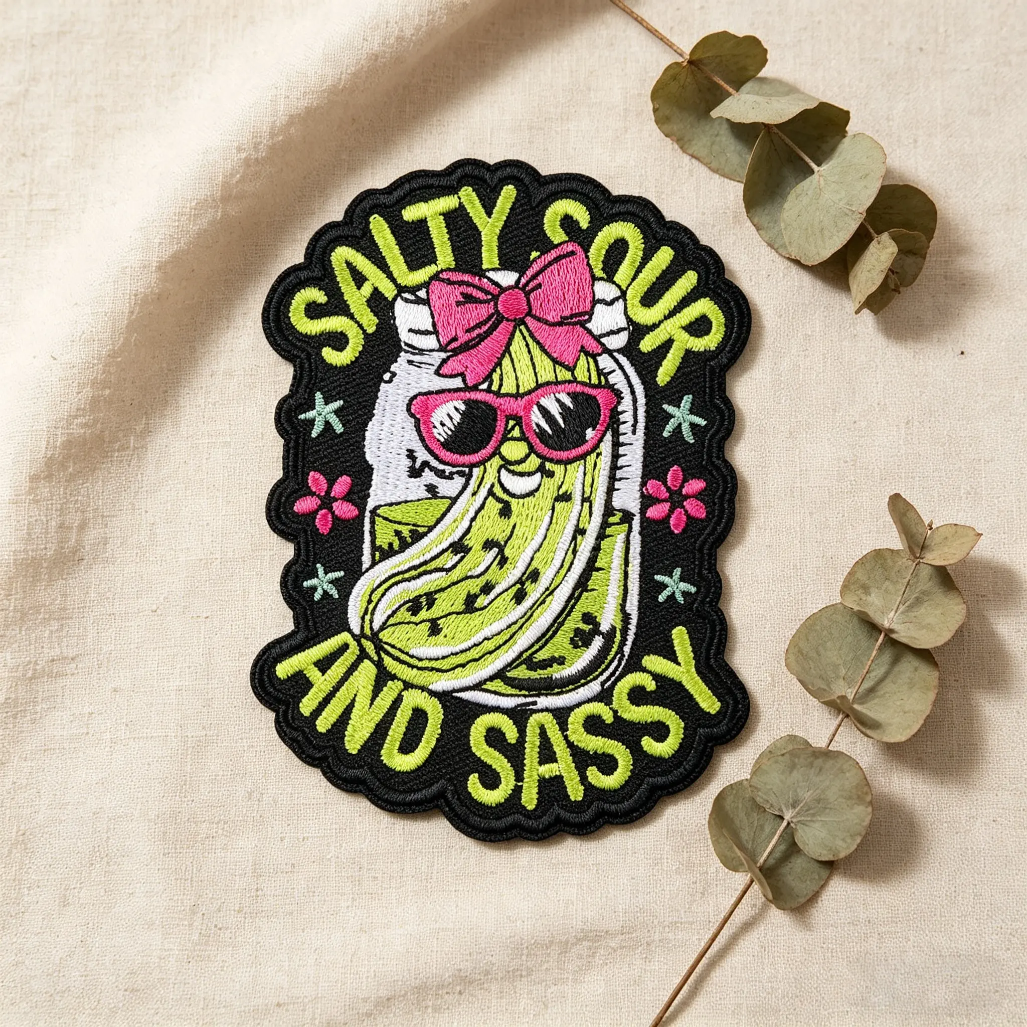 Stay Sour and Sassy Pickle Jar Embroidery Patch, Adhesive Iron-On, Suitable for Clothes, Jackets, Hats, Accessories, Flower Embroidery, Embroidered Patches