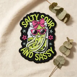 Stay Sour and Sassy Pickle Jar Embroidery Patch, Adhesive Iron-On, Suitable for Clothes, Jackets, Hats, Accessories, Flower Embroidery