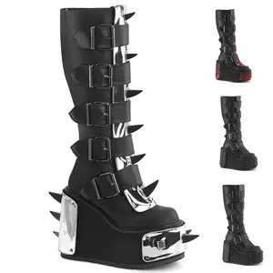 Demonia Transformer-800 Black Vegan Leather Knee-high Boots with 5 1/2" Wedge Platform & Interchangeable Hook-N-Loop Panels for Women