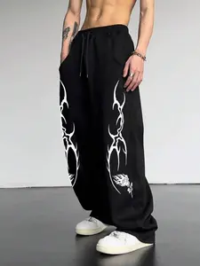 Street Style Geometric Print Straight Leg Sweatpants for Men, Casual Fitted Pants, Casual Fashion Trousers, High Street Hip Hop Patchwork Design, Fall & Winter Casual Wear
