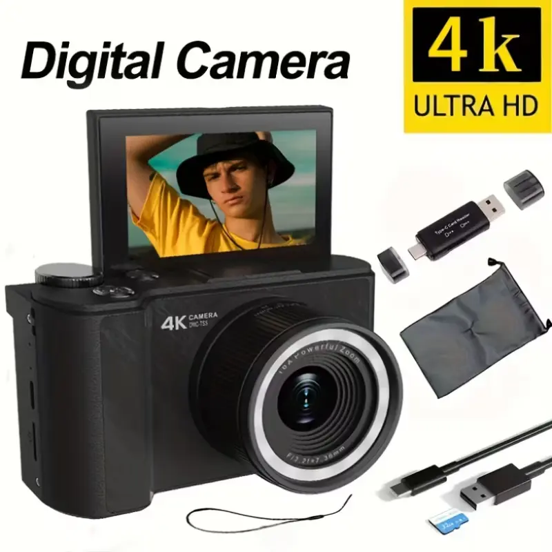 W&O Q5 4K Vlogging Camera for Beginners & Content Creators, 64MP Autofocus Digital Camera, 180° Flip Screen, Ring Light, 16X Zoom, 32GB Card Included, First Camera Birthday Gift for Teens HD