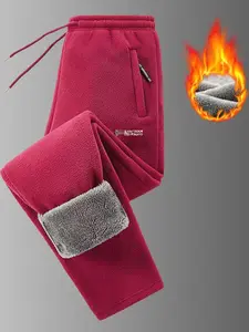 Men's Fleece Lined Embroidered Winter Pants, Casual Long Trousers with Pockets, Warm and Comfortable for Fall & Winter Seasons