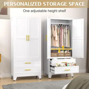 71" Freestanding Metal Wardrobe Cabinet - 2 Doors, 1 Adjustable Shelf, 2 Drawers, Hanging Rod, Steel Armoire with Wardrobe Ideas for Bedroom, Gym