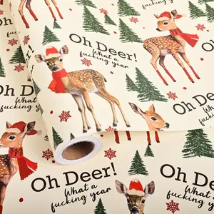 Funny Christmas Wrapping Paper Roll for Boys Girls  - Reindeer Christmas Tree  Wrap with Oh  What a Fxxking Year Words for Holiday Celebration Vacation Decoration  28.5sq.ft