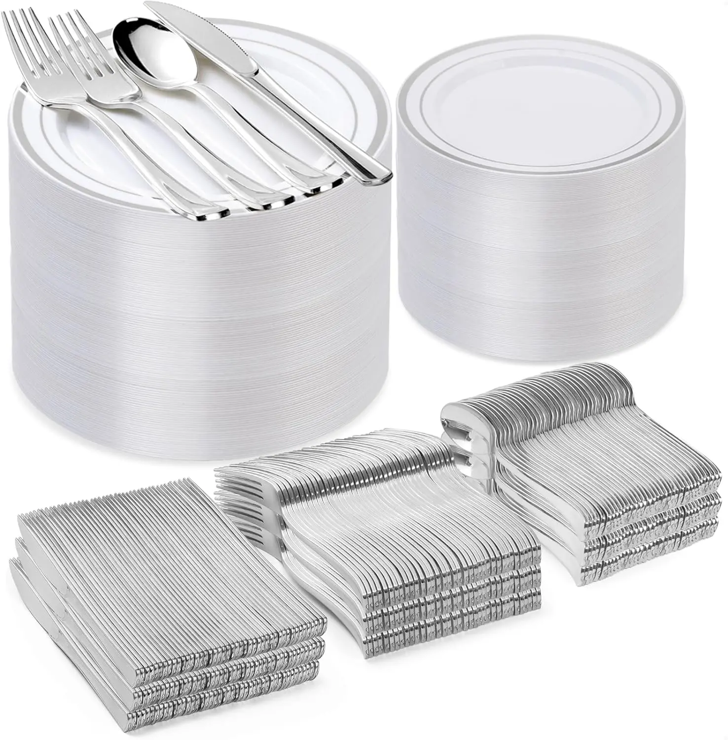 GOODLUCK 600PCS Silver Plastic Plate Set (100 Guests), Disposable Plates for Party Wedding Birthday,Wedding, Birthday & Christmas