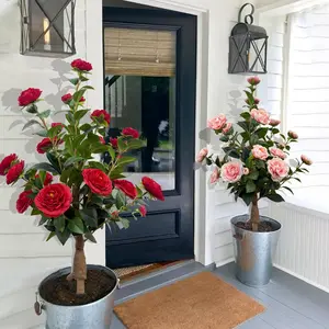 Artificial Camellia Tree with Stems, 34.6 Inch UV-Resistant Fake Flowers, Ideal for Indoor/outdoor Weddings, Porch, Garden, Backyard Plants