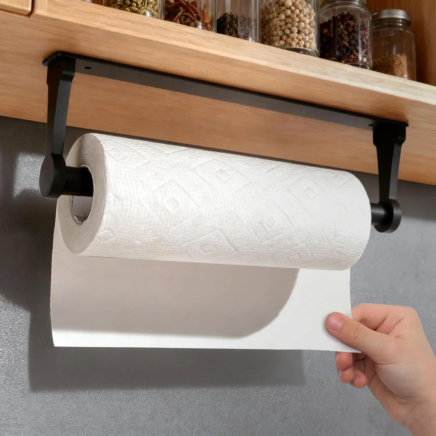 Black Paper Towel Holder under Cabinet, Adhesive Paper Towel Holder Wall Mount Toilet Roll Holders Rack for Kitchen Bathroom Garage Counter, Anti-Drop Upgraded Telescopic Rod Design Roll Seropy
