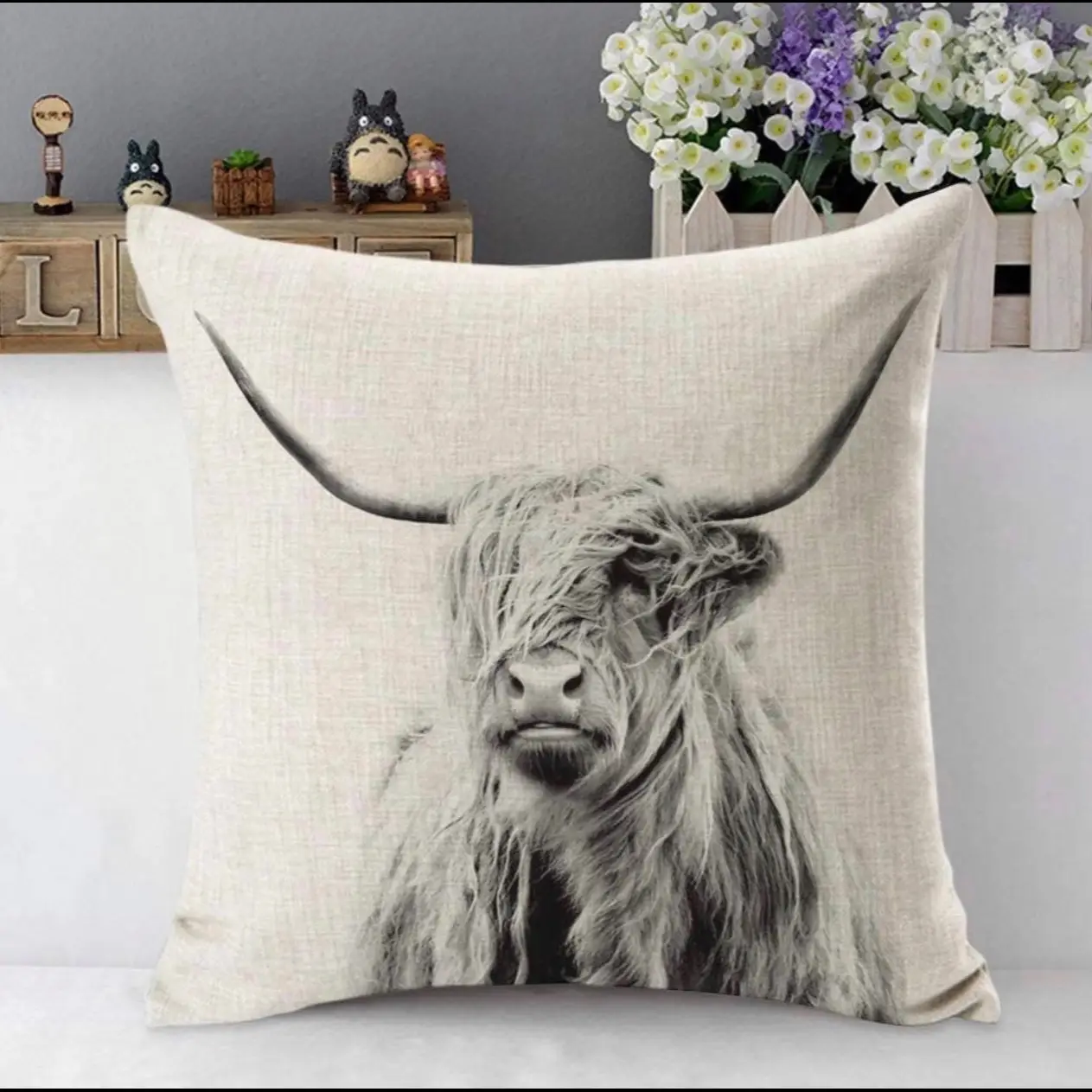 Farmhouse Cow or Pig Decorative Throw Pillow Cover Case Portrait of a Highland Cow Cattle Ox Horn or Cute Pink Pig