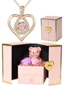 A red rose teddy bear gift box paired with a rose gold heart-shaped birthstone pendant necklace, Exquisite jewelry gift, makes for a perfect proposal or anniversary gift, a sweet surprise for your partner