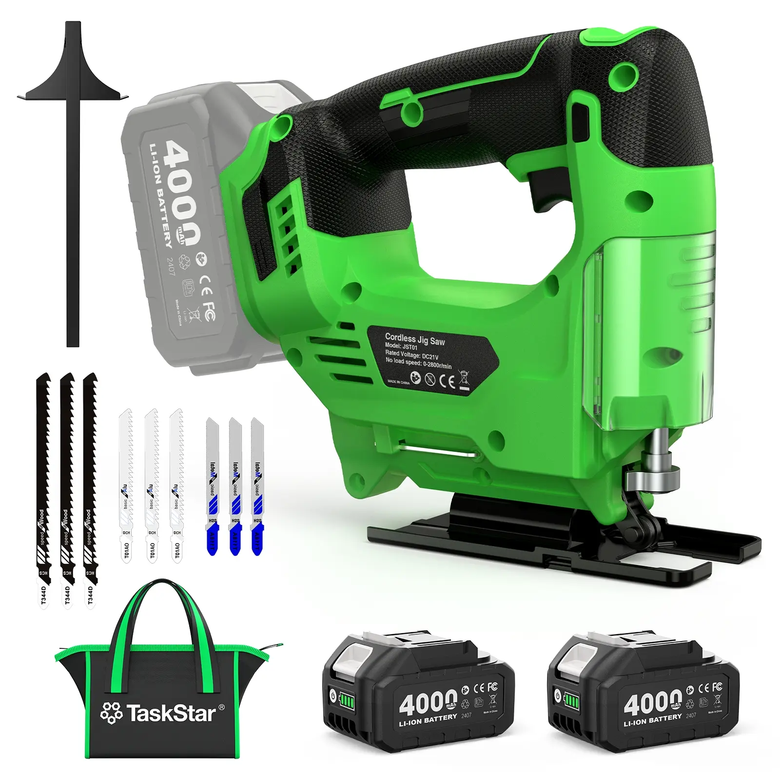 Taskstar Cordless Jig Saw, Comes With 2 * 4000mAh Batteries, 0°-45° Bevel Cutting, 3 Adjustable Modes (straight/curved/bevel), LED Light, Suitable For Cutting Wood, Metal, And Plastic, Great Gift For Men