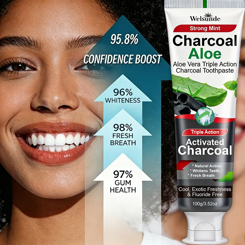Powerful New Formula Upgrade | Activated Charcoal Aloe Vera Toothpaste - Strong Mint, Fluoride-Free, Enhanced Probiotic Blend, Natural Plant Ingredients for Gentle Oral Care, Gum Protection & Neutralization, All-Day Fresh Breath | Welsunde