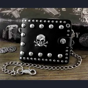 Men's skull studded Biker Rock Gothic Leather Wallet with a Long Key chain W7-3