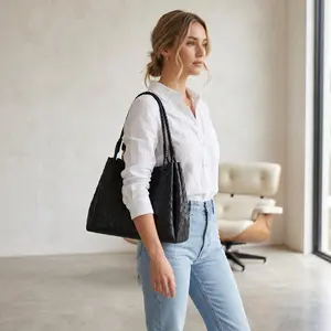 Chic Black Woven Tote Bag for Women, Minimalist Soft Leather Shoulder Purse with Braided Strap, Everyday Handbag