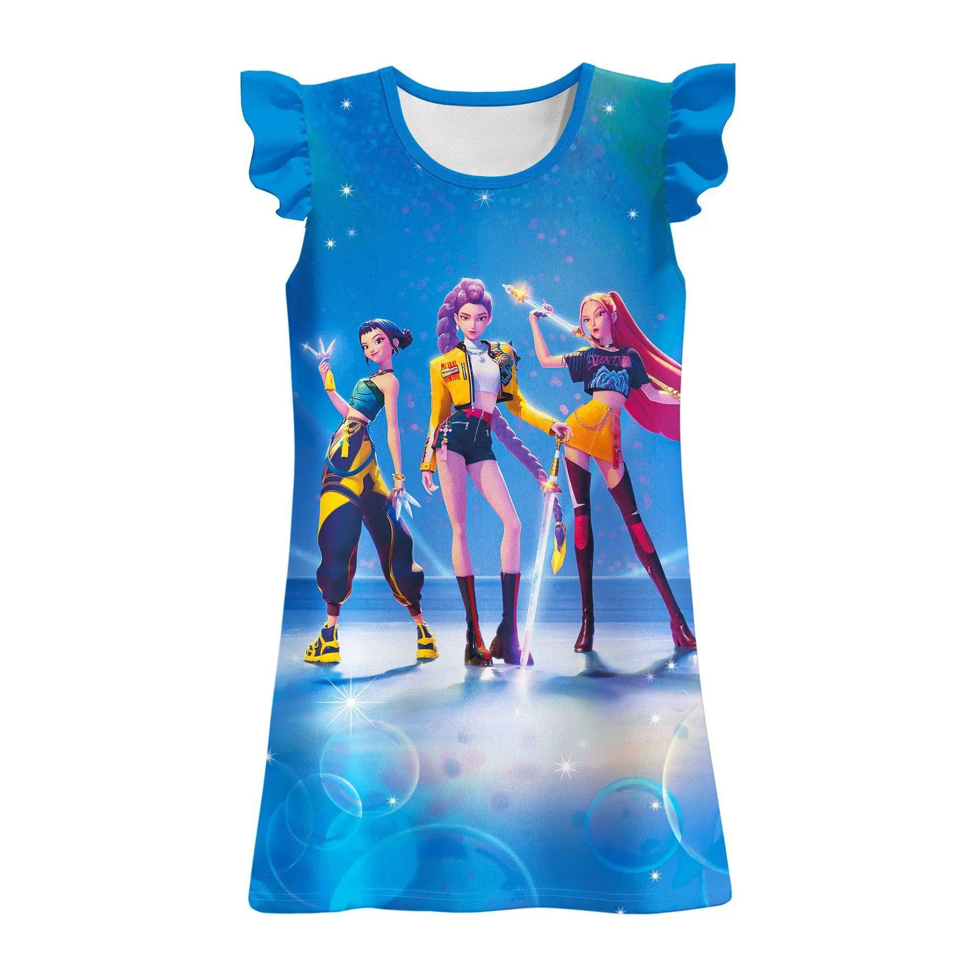 Girls'S 3D   Print Cartoon Character Short Sleeve Dress With Crew Neck And Slight Stretch Fabric, Perfect For Princess Parties Or Casual Summer Wear. # Girls Daisy Smocked Ruffle Dress # fashionable summer dress #  style