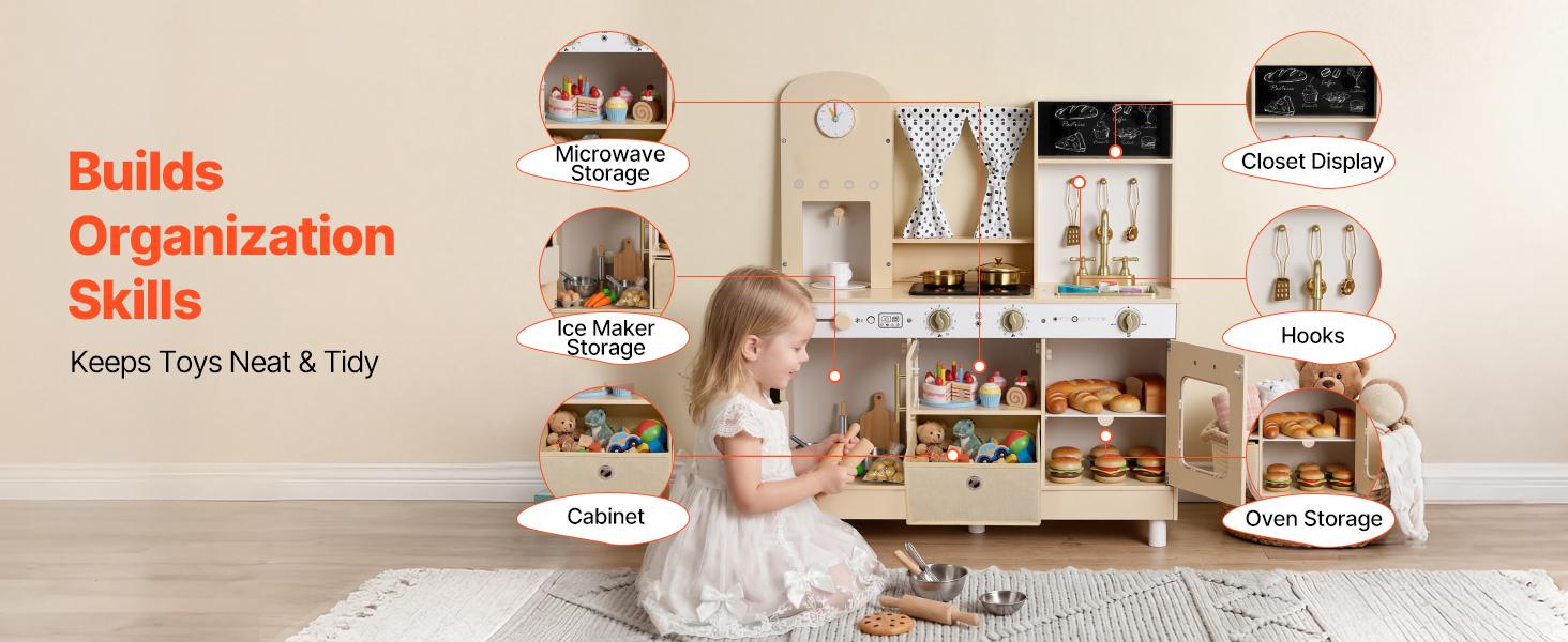 VEVOR Play Kitchen for Kids, Wooden, Kids Kitchen Playset with Realistic Lights & Sounds, Food & Cookware, Modern Style Pretend Play Toy Set, Ice Maker, Microwave, for Toddlers, Girls & Boys Ages 3-8