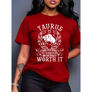 100% cotton women's zodiac short-sleeve top, Taurus print, round neck, machine washable, comfortable, soft, breathable, suitable for spring, summer, and autumn. Loose, casual, fashionable, suitable for daily wear, simple and versatile