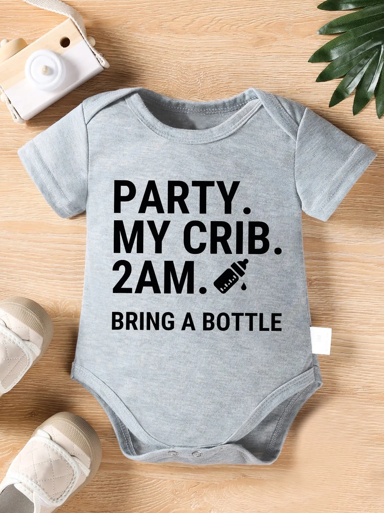 Newborn Unisex Fitted Cotton Short-Sleeve Bodysuit, Funny "Party My Crib 2AM Bring A Bottle" Humorous Text, Funny Choice for Infants