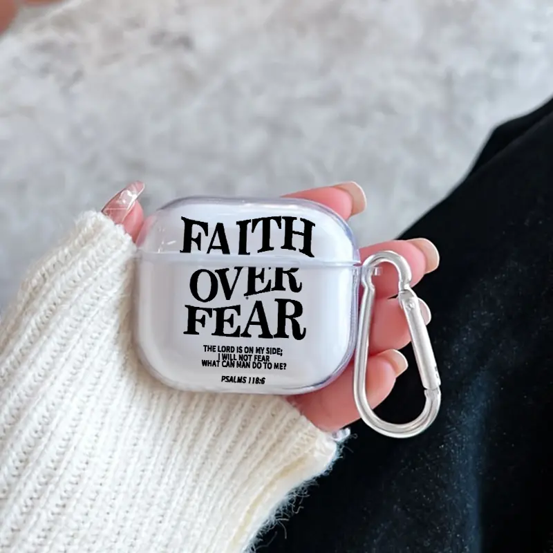 Faith Prevails Fear Pattern TPU Soft Protective Case for Apple AirPods 4/3/2/1/Pro/Pro2 Transparent Earphone Cover with Keychain Attachment