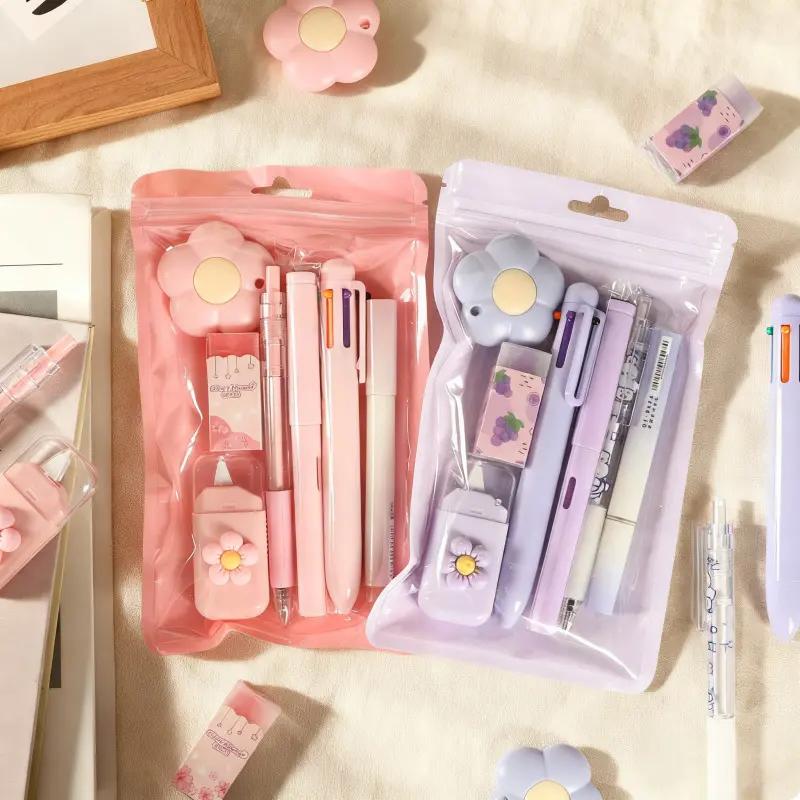 7 Pcs Cute Stationery Set Kawaii School Supplies Office Supplies Including Ballpoint Pens Pencil Sharpener Highlighter Correction Tape Ruler Utility Knife